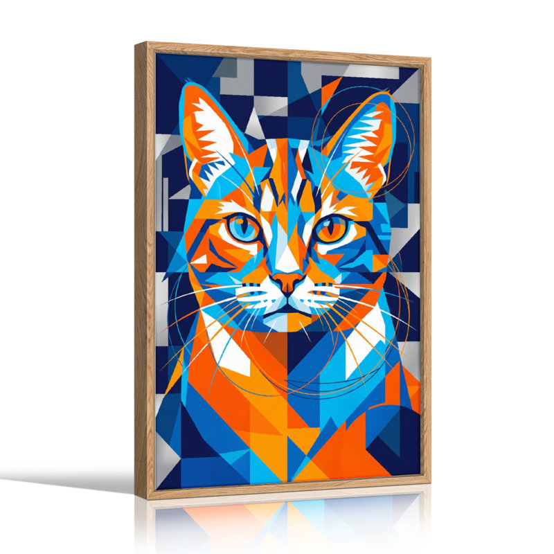 Ensemble de 1 tableau sur toile représentant un chat géométrique, H 48 po x l 32 po, Naturel