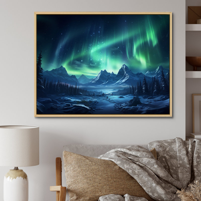 Northern Lights II sur impression sur toile, Cadre naturel flottant, H 34 po x l 44 po x P 1,5 po