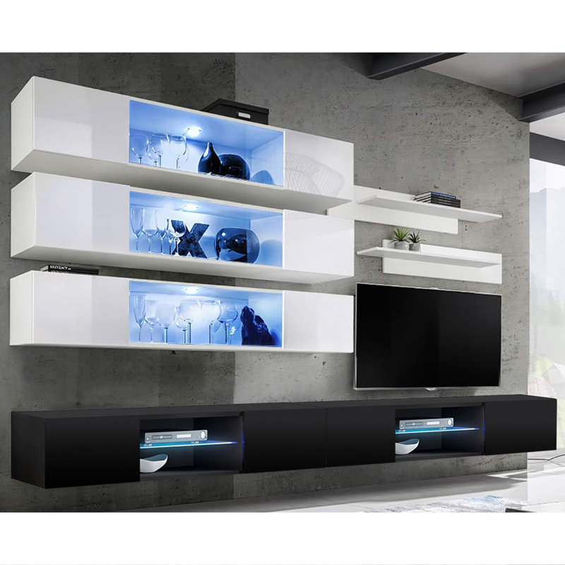 Meuble audio-vidéo mural flottant de 126 po avec éclairage à DEL 16 couleurs Levingston, Blanc / Noir