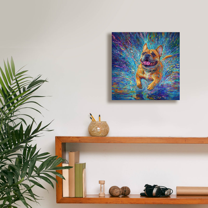 «Buldog In The Rain Puddles» par Rich Monet, art mural sur toile, H 12 po x l 12 po x P 0,75 po