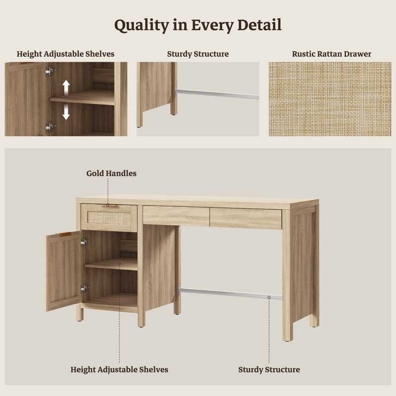55.12"W Boho Rattan Desk With Adjustable Shelves & Ample Storage, Light Oak, 1