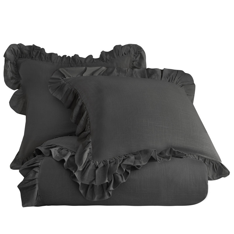 Lily Washed Linen Ruffled Edge Romantic Farmhouse 1 Piece Duvet Cover, Slate, Queen Duvet Cover