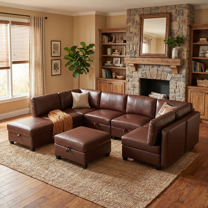 Canapé convertible avec rangement, Dark Brown Faux Leather, 35.4" H x 128.35" W x 87.4" D