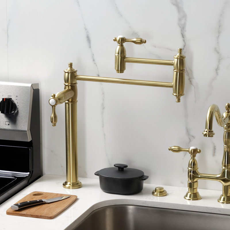 Kingston Brass Tudor Two-Handle 1-Hole Deck Mount Pot Filler Faucet, Brushed Brass