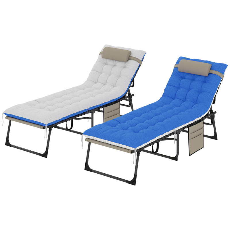 Folding Outdoor Lounge Chair Set of 2, Side Pocket, Brown/Blue, Blue