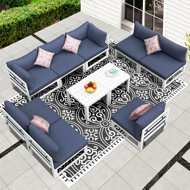 Qui 8 - Person Modern Aluminum Outdoor Sectional Seating Group with Cushions & Coffee Table, Rust-Resistant Patio Conversation Set