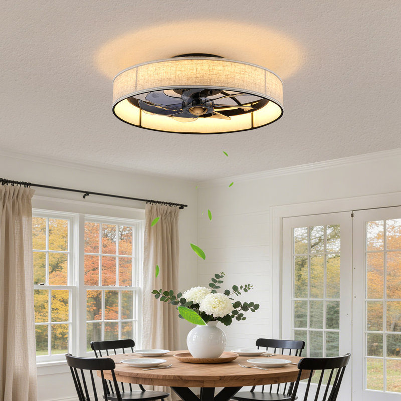 Ventilateur de plafond en cage de 20 po avec plafonnier encastré léger en tissu à profil bas avec télécommande, ventilateurs de plafond fermés modernes avec télécommande APP pour minuterie de moteur à courant continu silencieux pour chambre à coucher