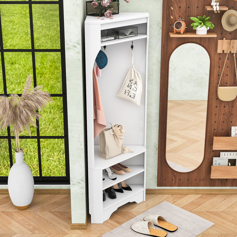 Minimalist Corner Hall Tree with Adjustable Shoe Shelf, Hanging Hooks, White