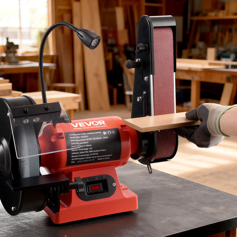 Meuleuse d'établi 8 po et ponceuse à bande 2 po x 28 po, ponceuse professionnelle 350W avec éclairage de travail à DEL et écran de protection pour le travail du métal, le travail du bois, l'aiguisage de couteaux