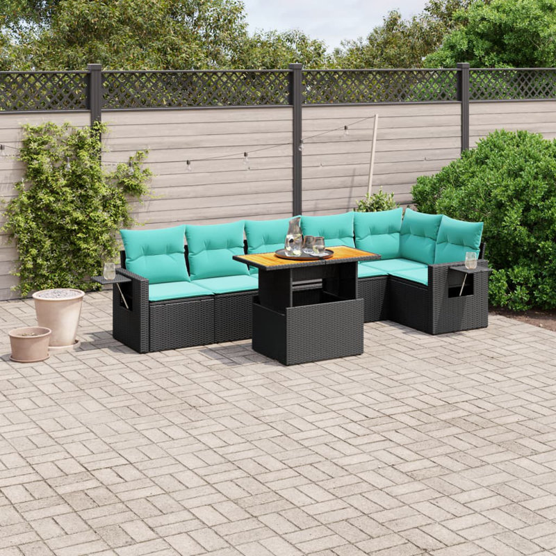  7 Piece Patio Sofa Set With Cushions Poly Rattan, Black, Green