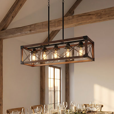 Adjustable 5-Light Farmhouse Rustic Linear Pendant Light Natural