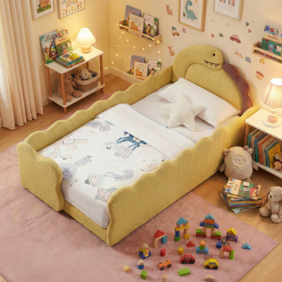Boucle Upholstered Dinosaur-shaped Kids Bed With Safety Guardrails And Solid Wood Slat Support