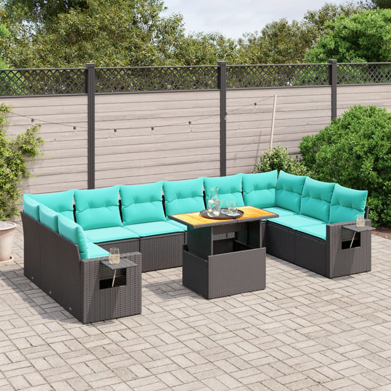 Ensemble de canapé de patio 11 pièces avec coussins en rotin de polyester, Noir, Vert