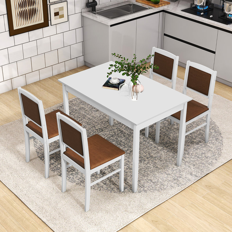 Ensemble de table de salle à manger 5 pièces pour 4 personnes avec dossier rembourré en bois d'hévéa, Brun, Blanc