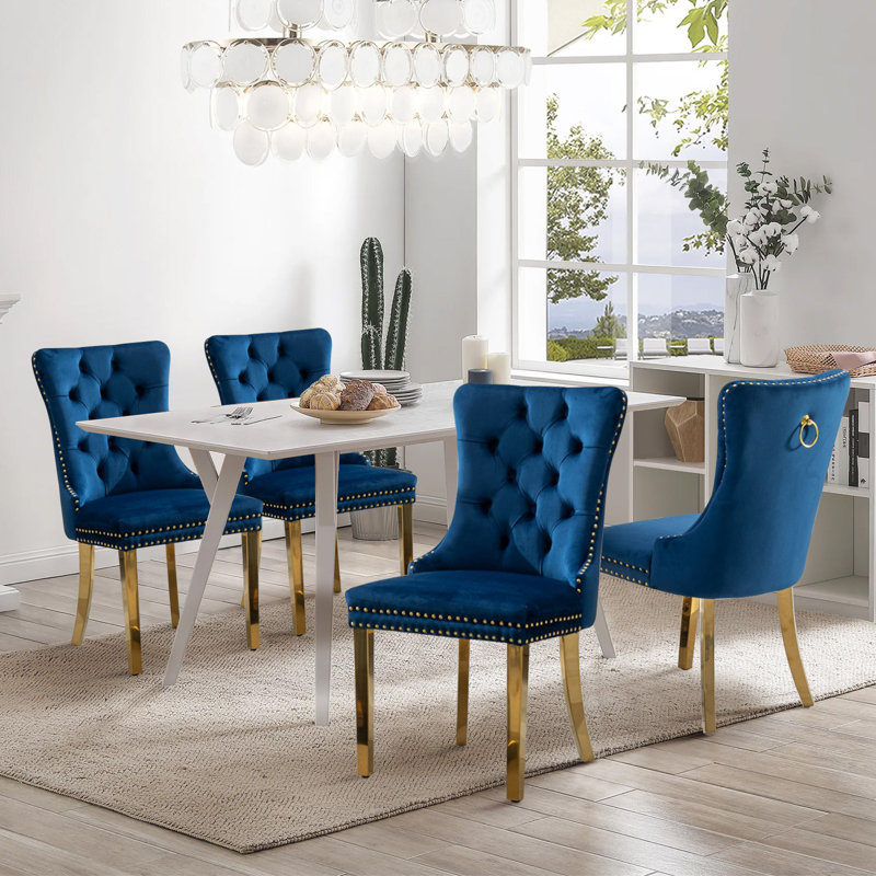 Chaises de salle à manger, chaise de salle à manger rembourrée haut de gamme avec anneau clouté, 4, Velours bleu foncé, Noir