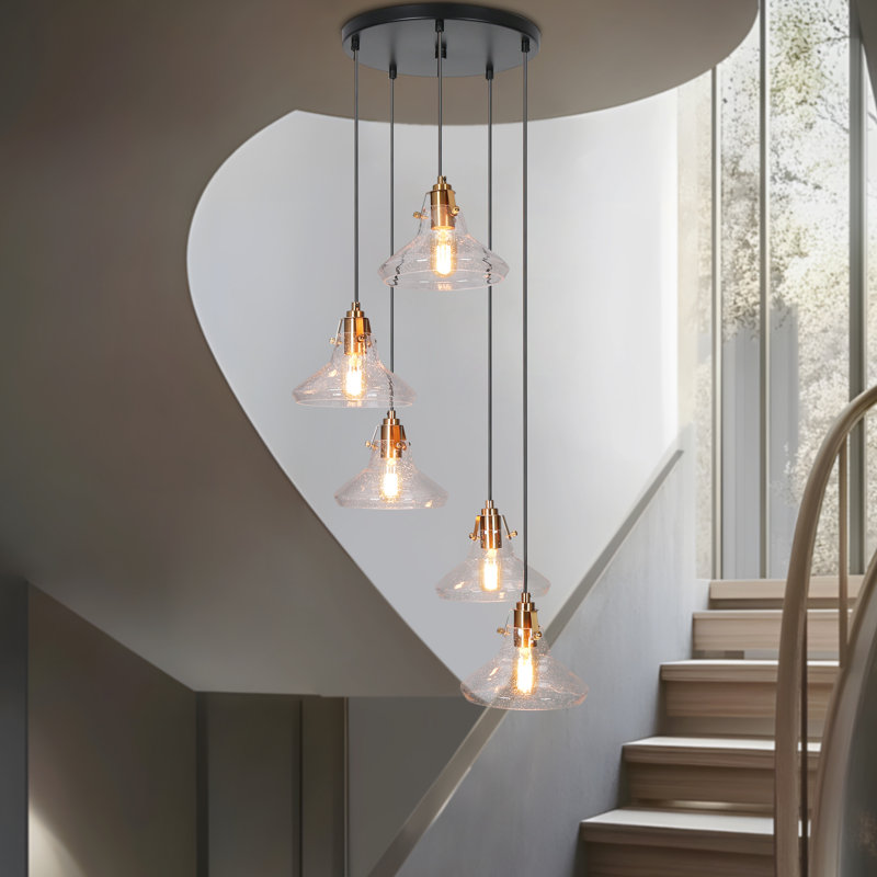Luminaire suspendu grappe moderne 5 lumières avec verre bullé, 5 lumières, H 7,5 po x l 19,7 po x P 19,7 po