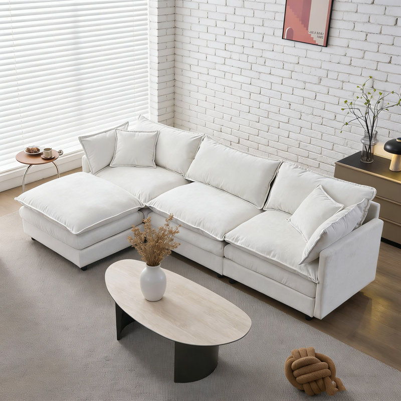 Canapé modulaire de 105 po en tissu de chenille rembourré de 105 po, canapé 3 places avec repose-pieds beige, Chenille beige