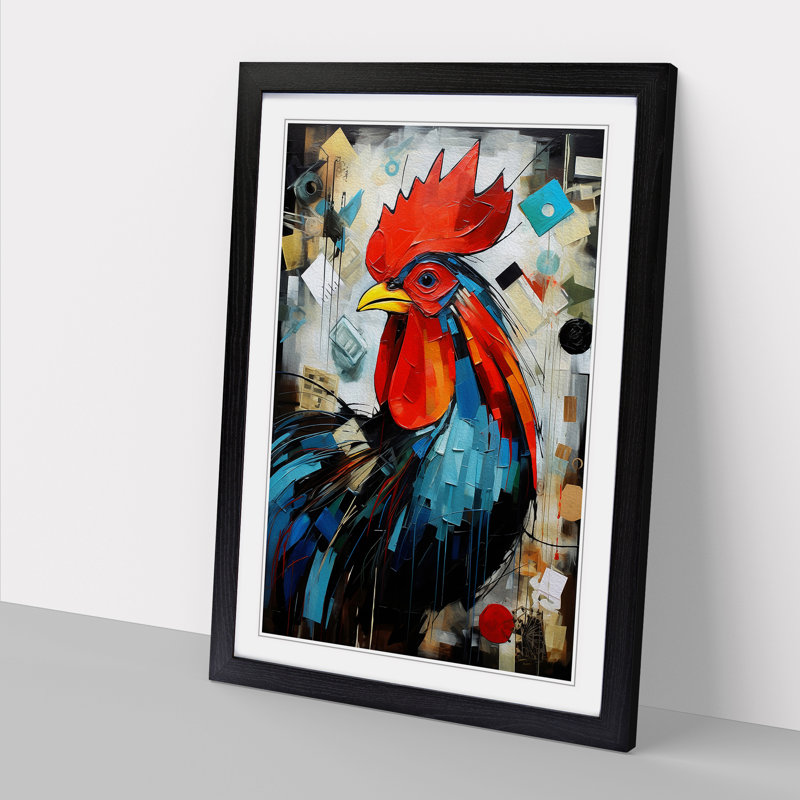 Rooster Dadaism No.3 - Single Picture Frame Print on Wood, 46cm H x 34cm W x 2cm D, Black