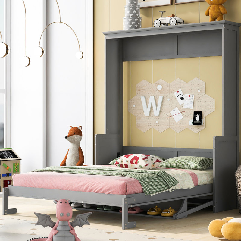 Grand lit gris avec tablette de travail hypnotisante - Chambre d'organisation stable et moderne