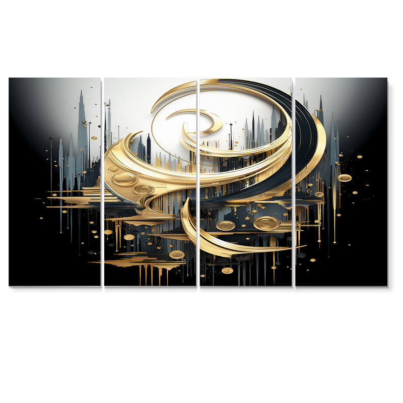 Golden Crescent Moon - Abstract Spirals, art mural pour le salon, 4 pièces, H 32 po x l 64 po
