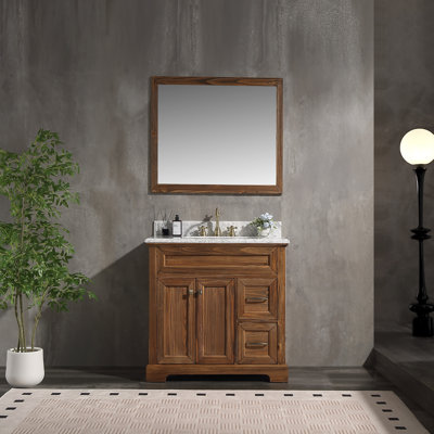 Meuble-lavabo simple sur pied de 91 cm (36 po) avec comptoir en marbre blanc de Carrare, lavabo encastré en porcelaine, tiroir à fermeture amortie et dosseret.