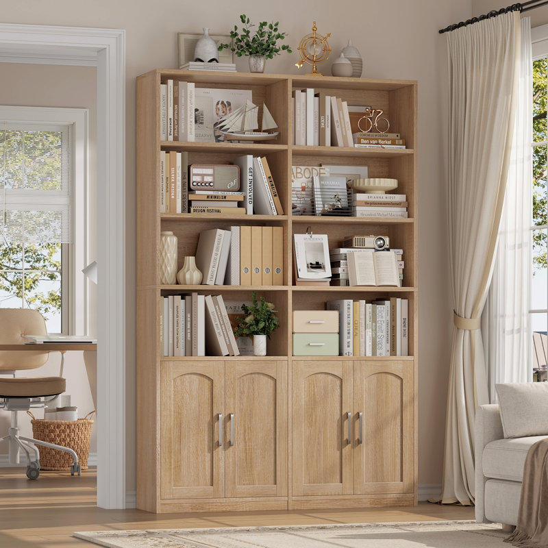 Kirklyn 73" H Standard Storage Bookcase with Doors and 8 Open Shelves, Modern Wood Organizer, Oak