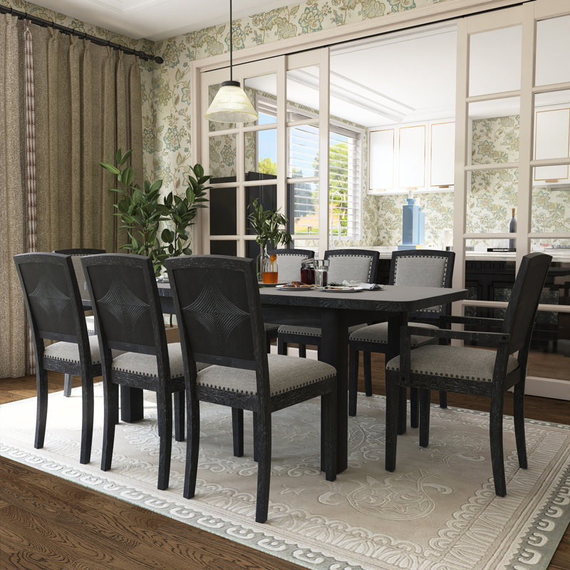 9-Piece Extendable Wood Top Dining Table Set, Black