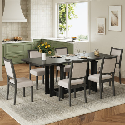 Ensemble de table de salle à manger extensible de 82 pouces à 7 pièces avec table à tréteaux avec 6 chaises rembourrées et 2 rallonges amovibles de 12 po TopMAX