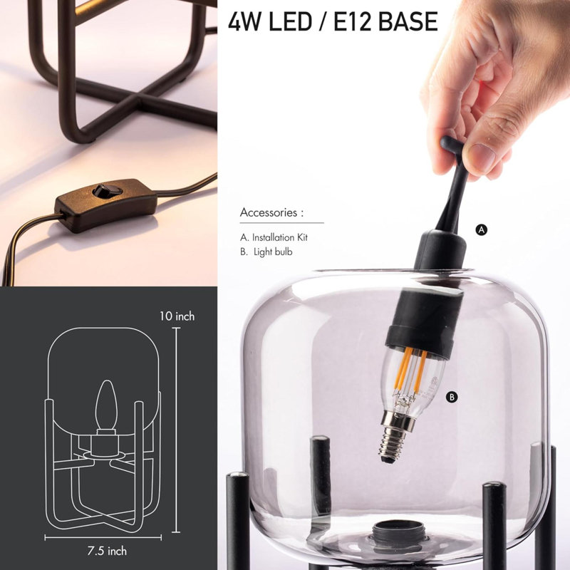 Modern Smoked Glass Table Lamp With LED Bulb, E12 Base, Decorative Accent Lighting