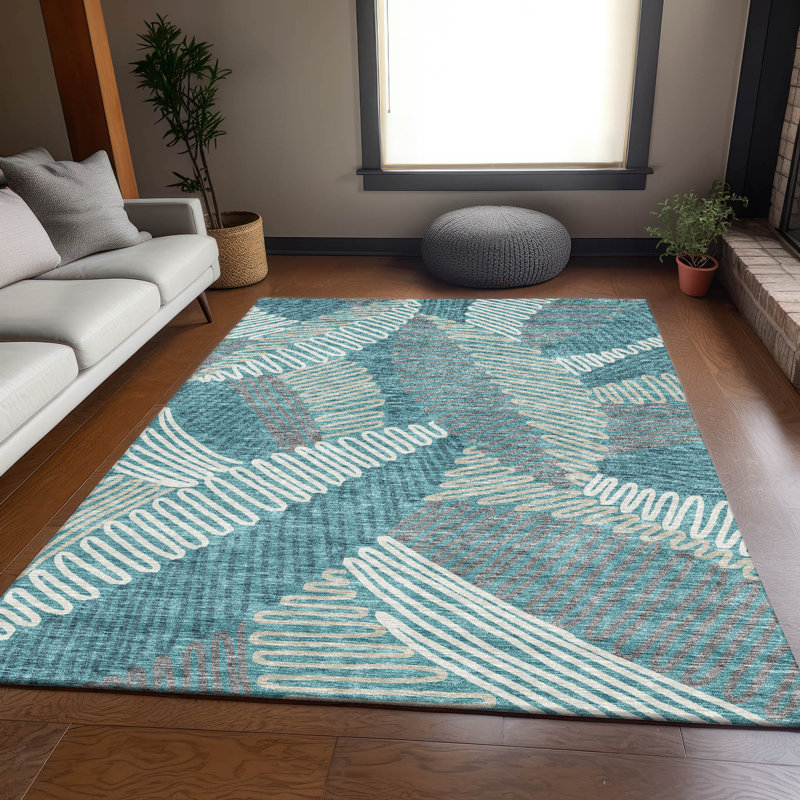 Premium Machine Washable Prisco Teal Rug, Rectangle 9' x 12'