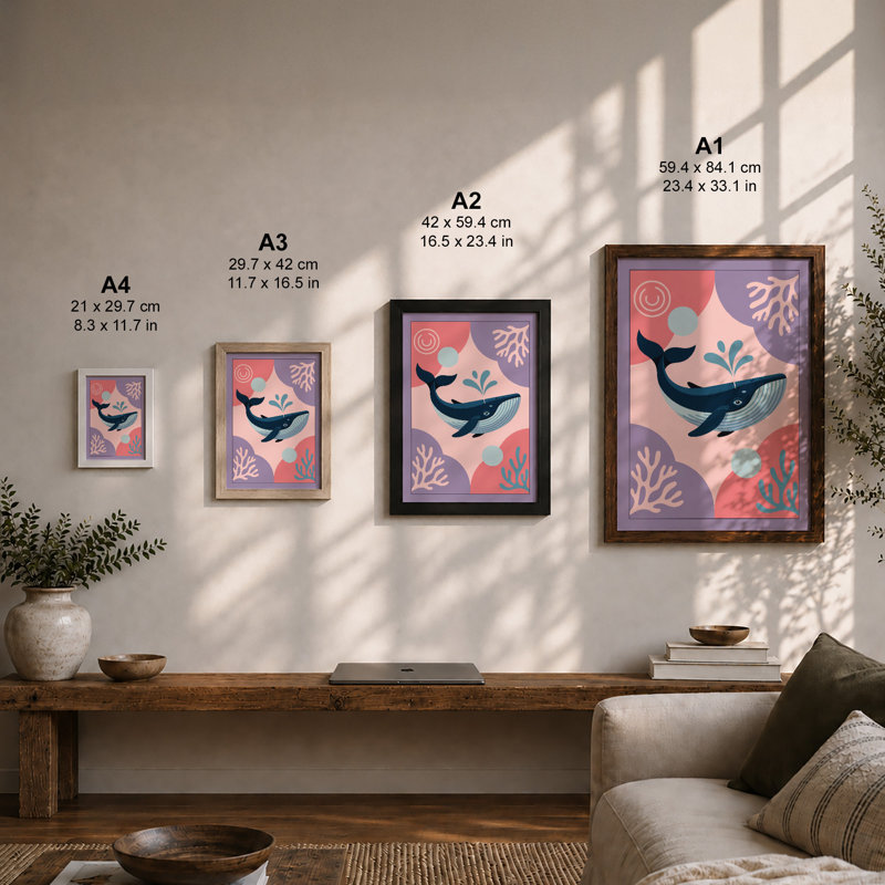 Whale in Depth Coastal - Framed Print, Oak, A4 - 29.7 x 21.0 cm
