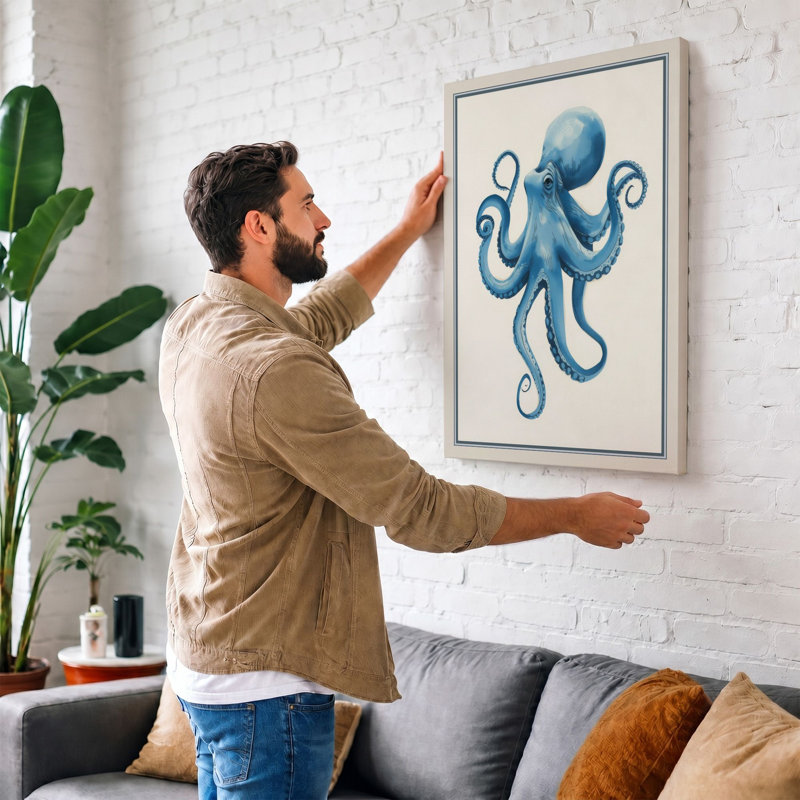 Blue Octopus Modern - Wrapped Canvas, 24x16 - 61.0 x 40.6 cm, Black Border