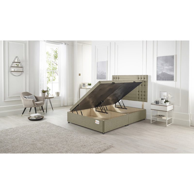 Luxara Solid Wood Ottoman Bed Side Opening with Upholstered Headboard Linen Fabric, Double (4'6), Wheat