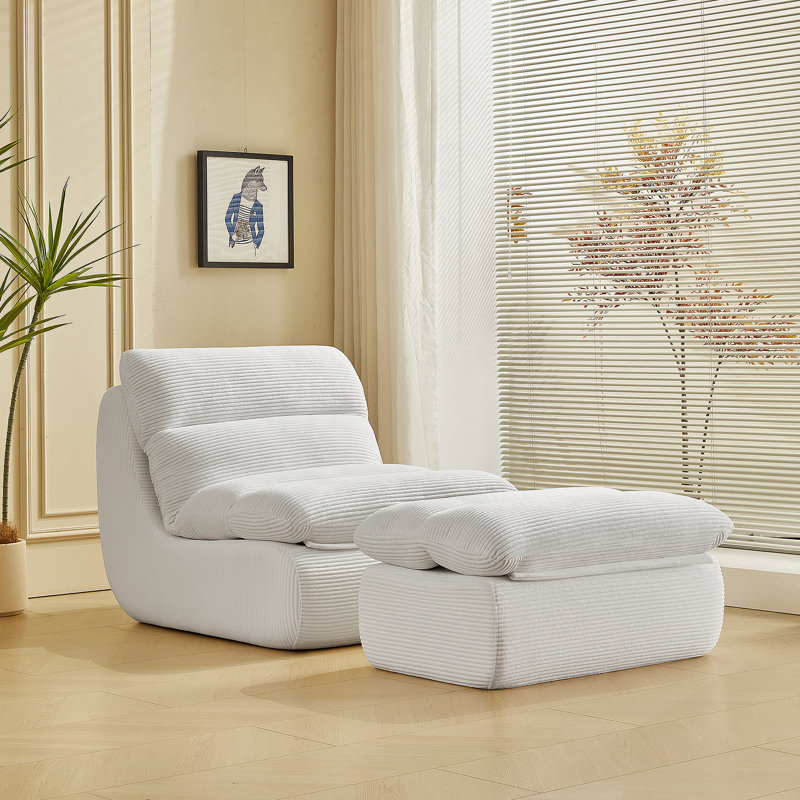 Boneless Modern Compressed Lounge Chair With Ottoman, Cozy Corduroy Recliner For Small Spaces, Living Room, Or Bedroom, Beige