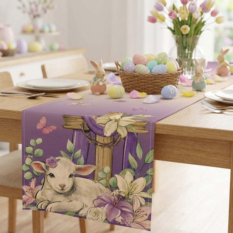 Easter Table Runner Cross Lamb Lily Butterfly Eucalyptus Spring Religious Decor for Dining Kitchen Indoor Outdoor
