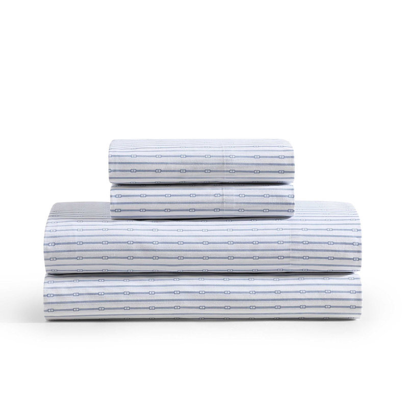 Tommy Hilfiger Printed Percale Cotton Sheet Set, Full Sheet Set with 2 Pillowcases, Monogram Stripe Blue