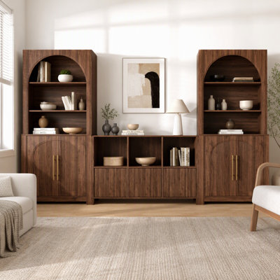 Ensemble de bibliothèque arquée 3 pièces avec armoires de rangement et tablettes ouvertes