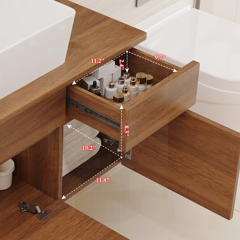 Petit meuble-lavabo flottant simple avec lavabo, conception peu encombrante pour les salles de bain modernes et minimalistes.