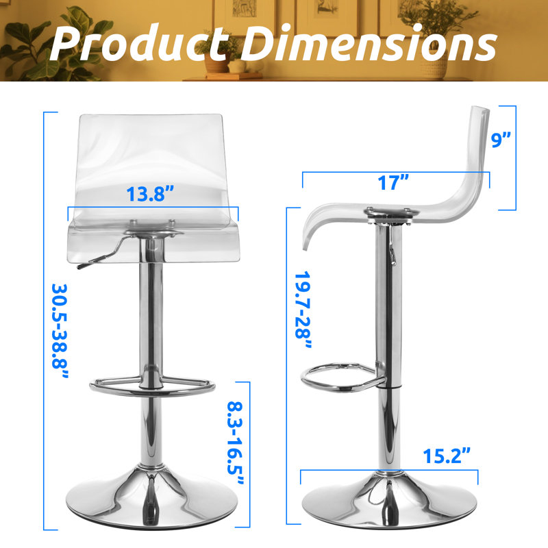 Clear Bar Stools Set of 2, Acrylic Bar Stools 360° Swivel  Transparent Barstools Silver Base Adjustable Height Counter Stool for Kitchen, Dining Room, Silver
