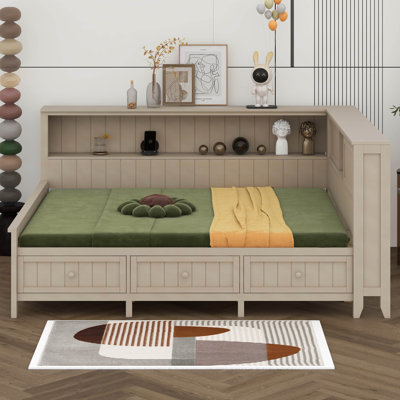 Daybed With 3 Drawers, L-Shaped Platform Bed For Living Room Bedroom, Storage Headboard Bed Frame by Lark Manor