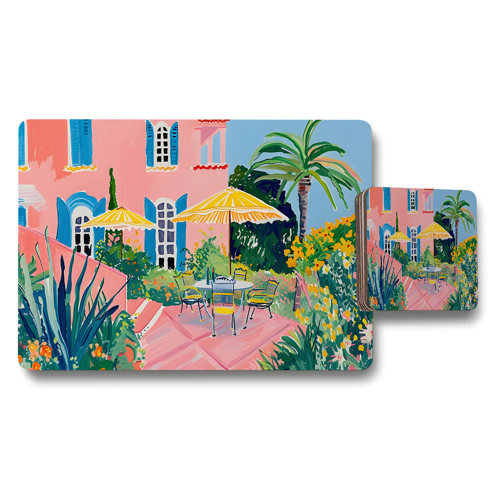 Vibrant Garden Cafe Placemats And Coaster Set With Yellow Umbrellas