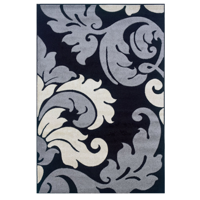 Tapis floral noir / gris, Rectangle 5 pi x 7 pi 7 po