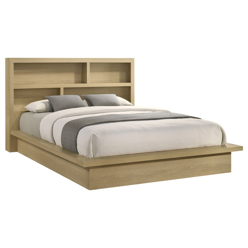 Hendricks Eastern King Bookcase Platform Bed with Open Cubbies and USB-A/USB-C Ports, Light Oak, King