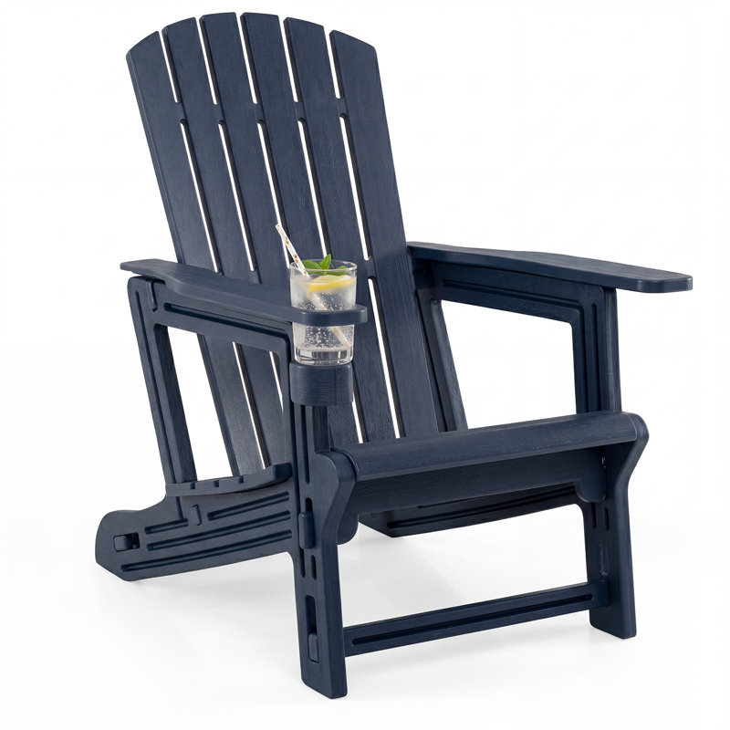 Chaise Adirondack en PEHD avec porte-gobelet, texture semblable au bois, dossier haut et assise large, Blue, 1