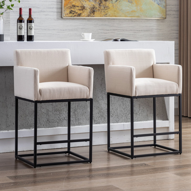 Datia Upholstered Counter Stool with Iron Frame, Cream Polyester / Black Frame, Counter Stool (26.75” Seat Height)