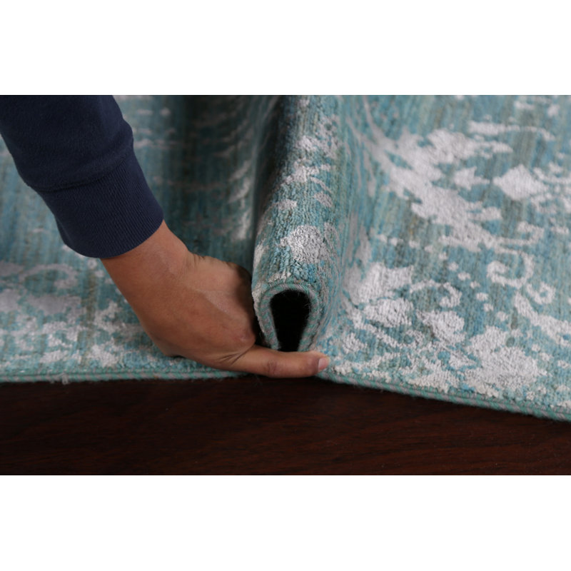 Tapis de couloir unique en laine noué à la main 2 pi 8 po x 9 pi 11 po nouvel âge bleu / blanc