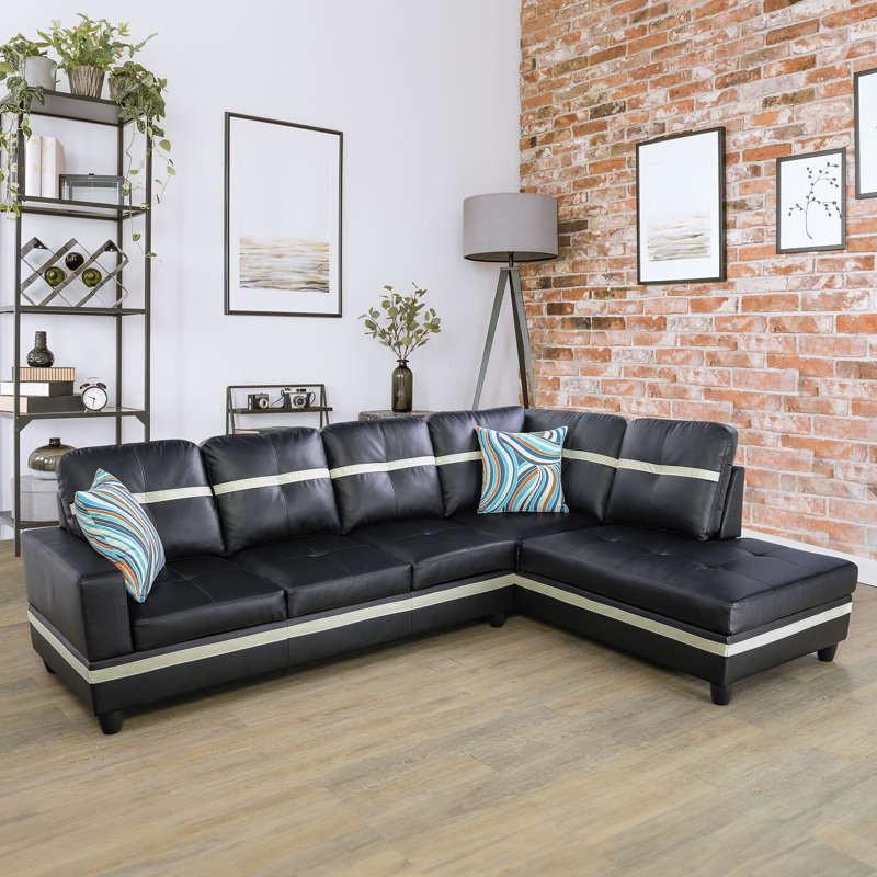 Andrella 2 - Piece Vegan Leather Sectional, Black Leather, Black, Right Hand Facing