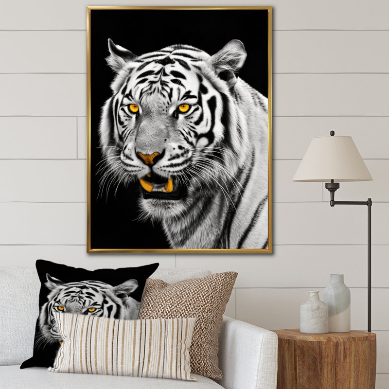 Tigre blanc féroce VI - animaux, art mural, salon, H 32 po x l 16 po x P 1 po, Cadre flottant doré