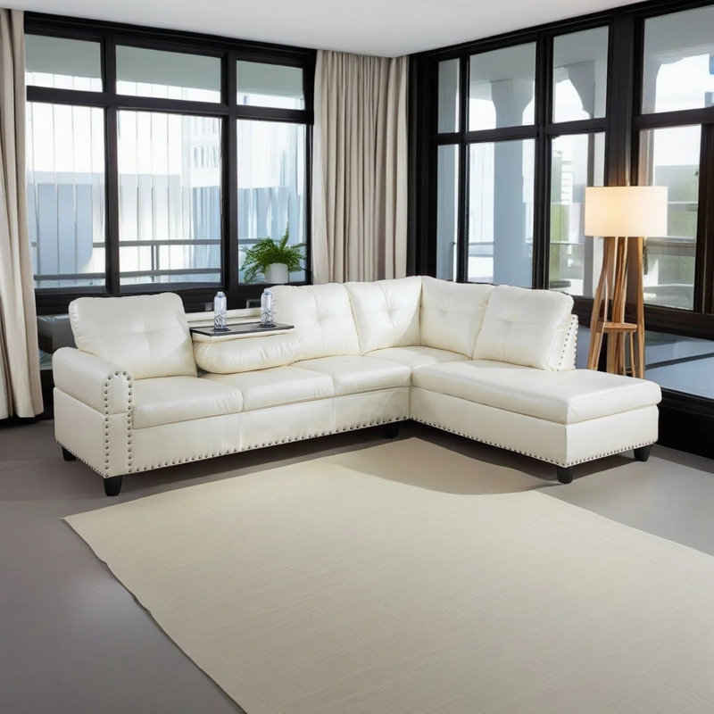 Canapé modulaire en cuir végétalien de 97 po avec table rabattable et porte-gobelets Naranja, Face à la droite
