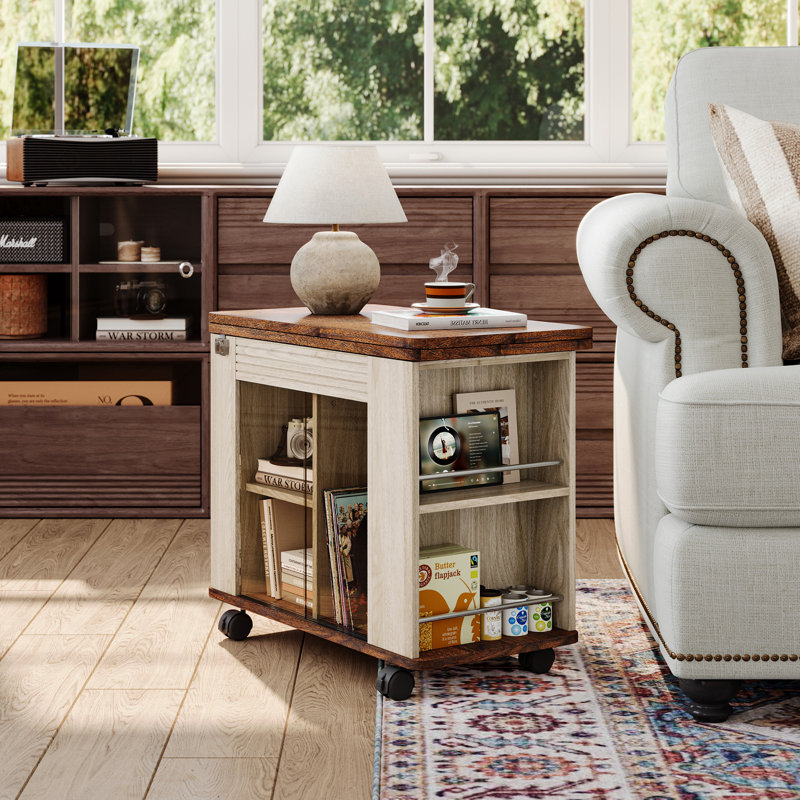 Table basse pliante Ansel, table de bout latérale avec plateau extensible, rangement double-face et roulettes verrouillables